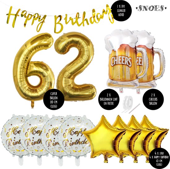 62 Jaar Verjaardag Cijfer ballon Mannen Bier - Feestpakket Snoes Ballonnen Cheers & Beers - Herman