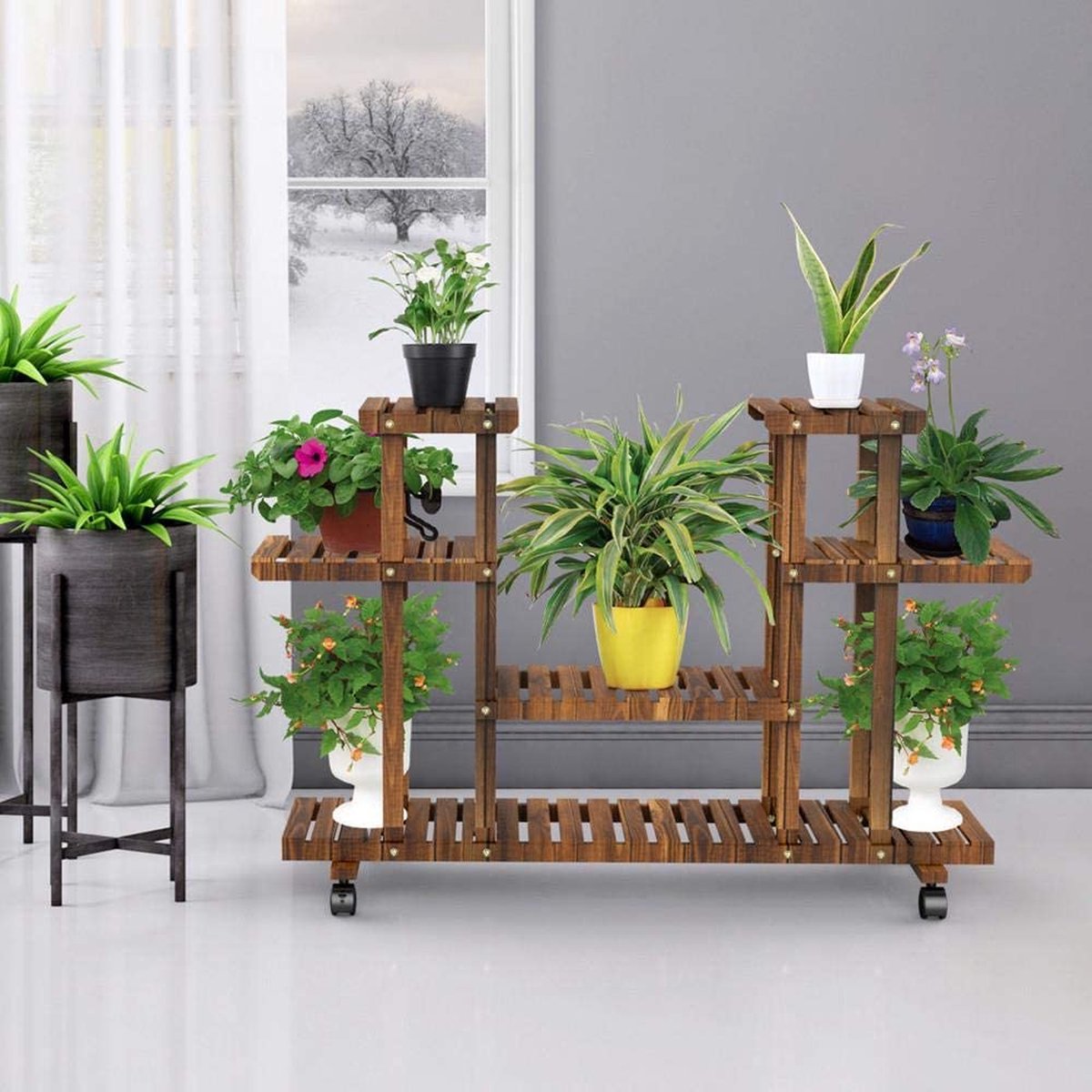 Plantentrap, plantenrek, hout, meerdere verdiepingen, bloemenrek met wieltjes, bloemenstandaard, ruimtebesparend, balkon, interieur, decoratie, 124 x 33 x 80 cm HM-YAHEE-591503