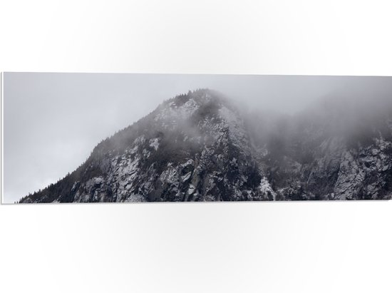 PVC Schuimplaat - Hoge Berg met Bomen tussen de Mist - 90x30 cm Foto op PVC Schuimplaat (Met Ophangsysteem)