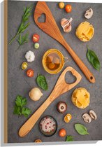 Hout - Houten Lepels tussen Italiaanse Pasta Ingrediënten - 50x75 cm - 9 mm dik - Foto op Hout (Met Ophangsysteem)