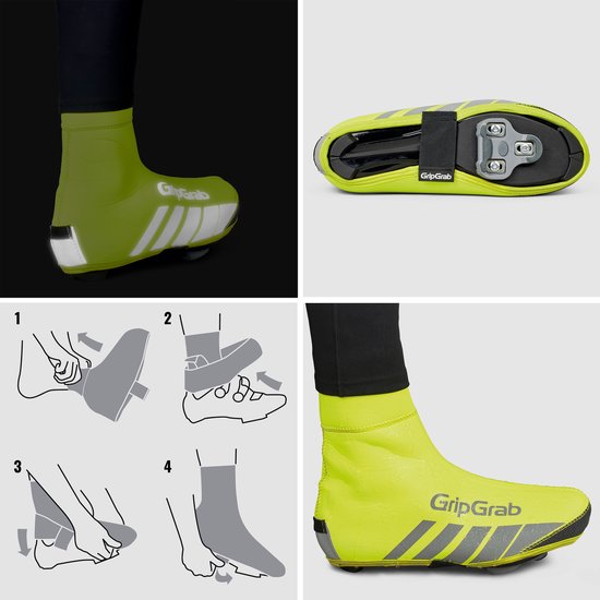 Collage van gele overschoenen, inclusief instructies voor het aantrekken en een weergave van de onderkant met fietspedalen.