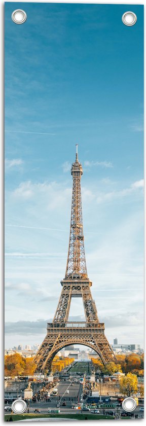Tuinposter – Eiffeltoren in Parijs onder Lichte Bewolking - 20x60 cm Foto op Tuinposter (wanddecoratie voor buiten en binnen)