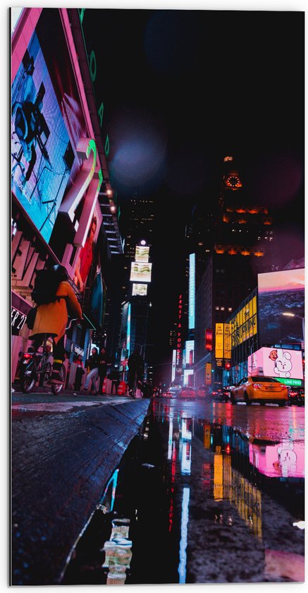 Dibond - Plein Times Square in Nacht - 50x100 cm Foto op Aluminium (Wanddecoratie van metaal)
