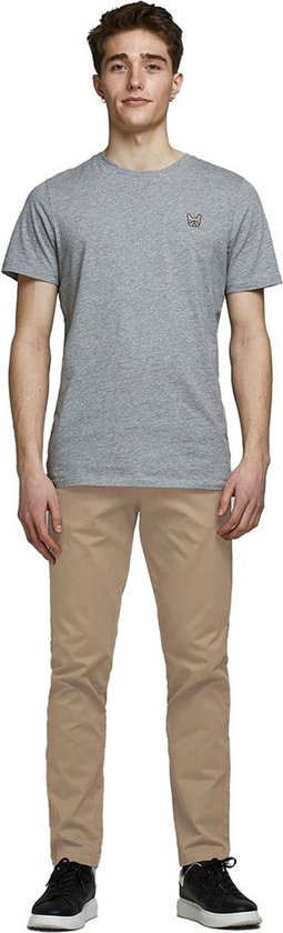 Model in een grijs T-shirt met logo en beige chino. Volledige voorkant zichtbaar.