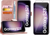 Hoesje geschikt voor Samsung Galaxy S23 - Screen Protector GlassGuard - Book Case Leer Pasjeshouder Roségoud & Screenprotector