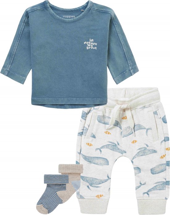 Noppies - kledingset - 4delig - Broek Milam Oatmeal - Shirt Mabank Aegean Blue - 2 paar sokjes Menard - Maat 86