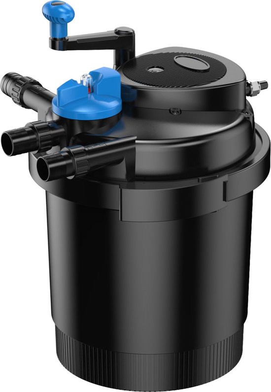 Zwarte vijverfilter met blauwe details, zoals de handgreep en de dop.