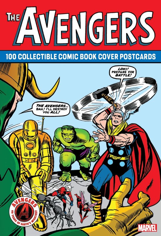 De Avengers, 100 verzamelbare ansichtkaarten van stripboekcovers. Met Thor, Hulk, Iron Man, Ant-Man en Loki.