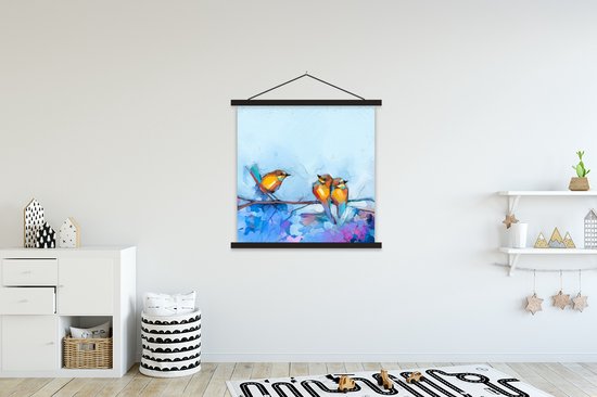 Posterhanger incl. Poster 120x120 cm - Schoolplaat - Schilderij - Olieverf - Vogel - Tak - Textielposter - Zwarte latten