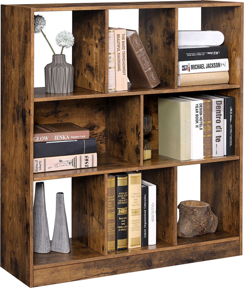 Signature Home boekenKast - kubusrek - staande plank - boekenKast met open vakken - voor woonkamer - studeerkamer - vintage bruin - 97,5 x 30 x 100 cm