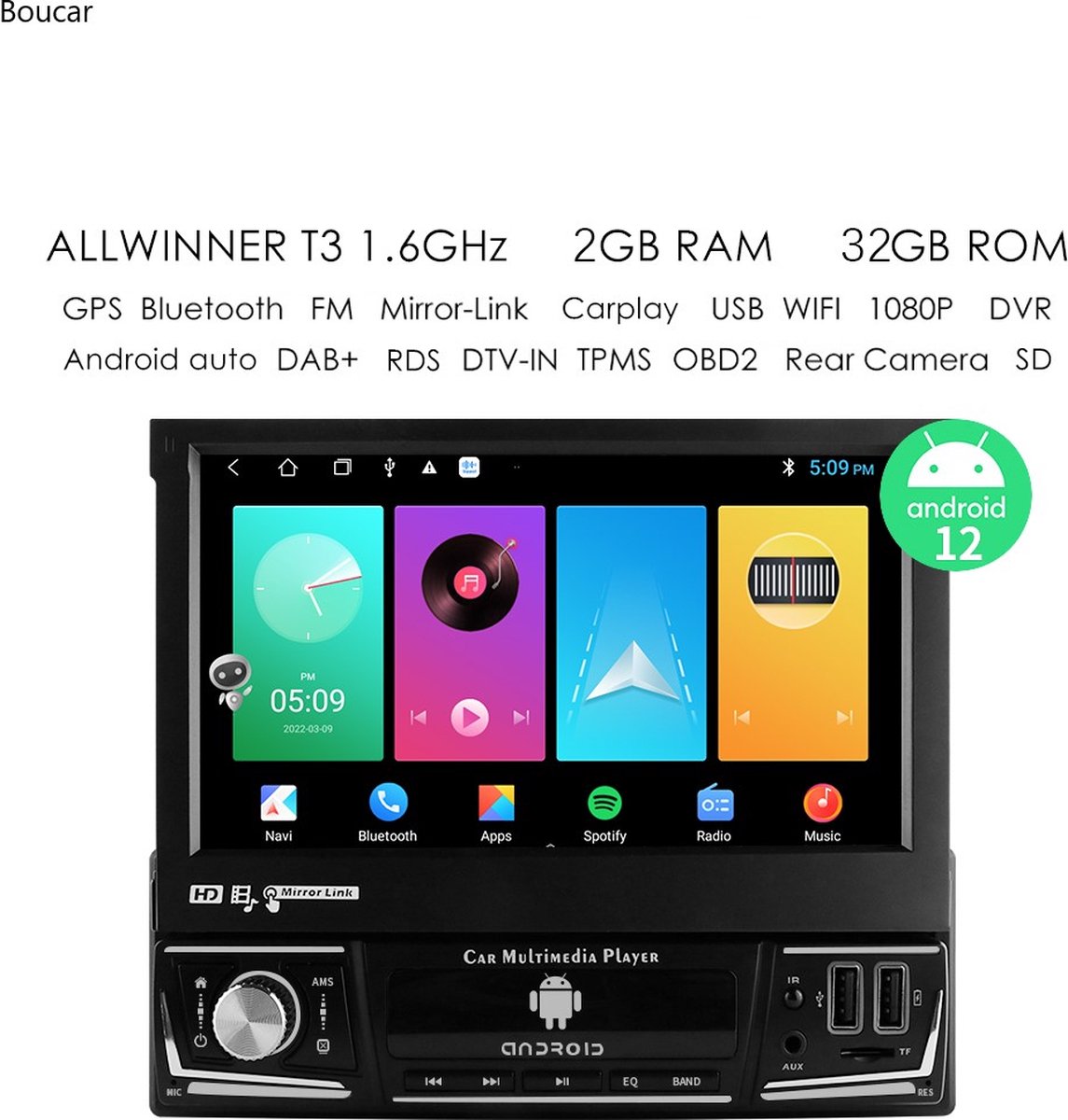 1Din Autoradio - Android 10 - Navigatiesysteem - 7' klapscherm - USB, Aux, Bluetooth, WIFI - Carplay - Achteruitrijcamera