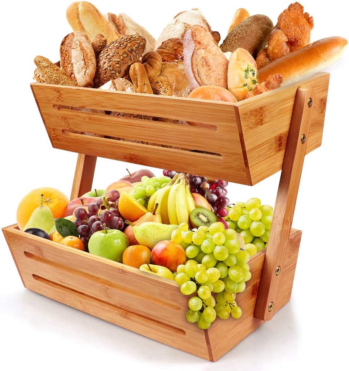 Hossejoy Fruitmand, Bamboe 2 Tier Serveermand Fruit Bowl & Snack Display Stand, Perfect voor fruit, groenten, snacks, huishoudelijke artikelen en meer