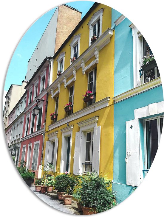 WallClassics - PVC Schuimplaat Ovaal - Gekleurde Huizen aan elkaar - 72x96 cm Foto op Ovaal (Met Ophangsysteem)