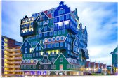 WallClassics - Acrylglas - Groen met Blauwe Huizen op elkaar - Zaandam - 75x50 cm Foto op Acrylglas (Wanddecoratie op Acrylaat)