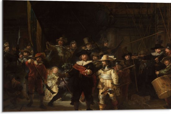 Dibond - De Nachtwacht, Rembrandt van Rijn, 1642 - Oude Meesters - 75x50 cm Foto op Aluminium (Met Ophangsysteem)