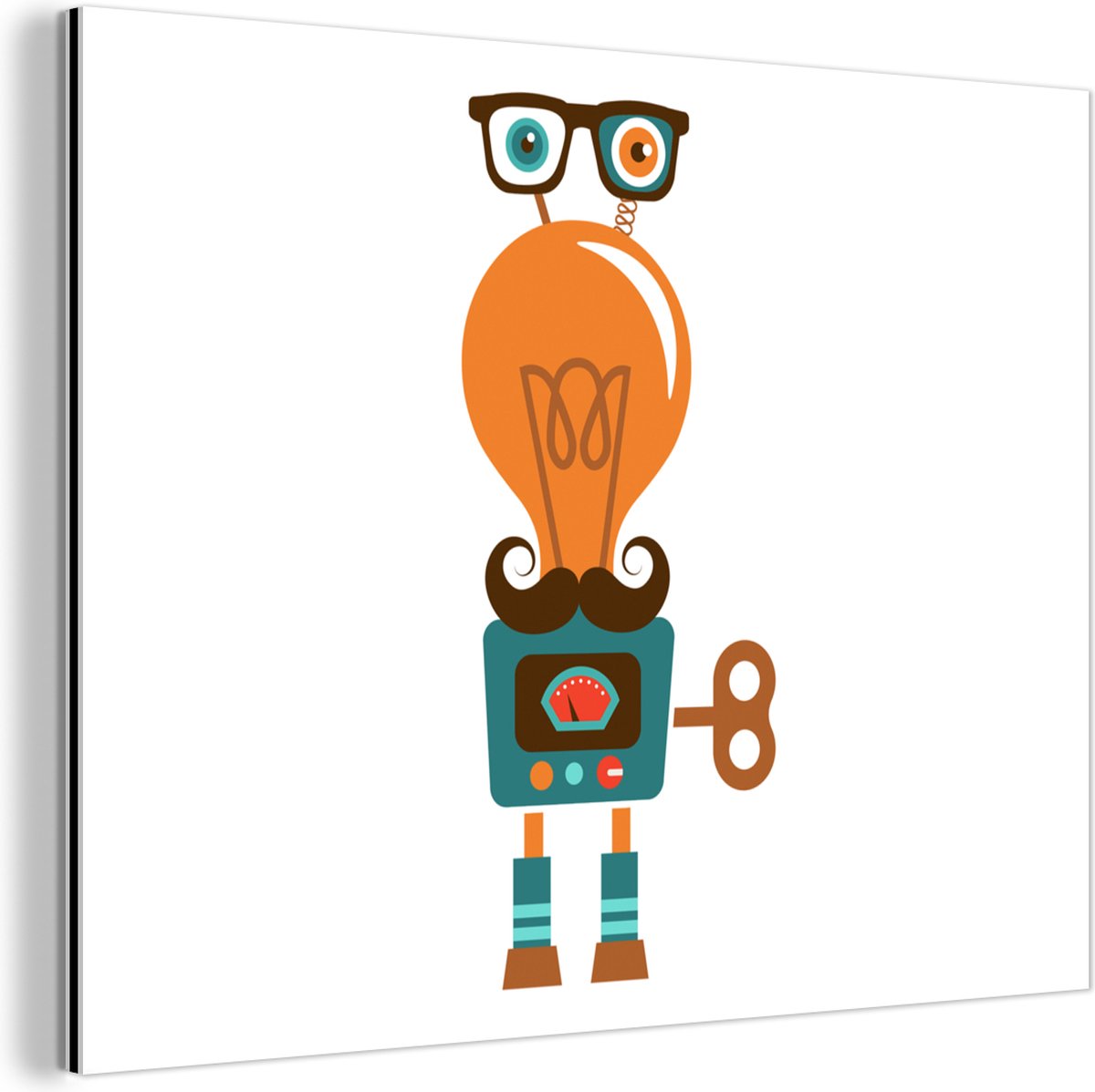 Aluminium schilderij 80x60 cm - Wanddecoratie metaal - Robot - Bril - Gloeilamp - Snor - K