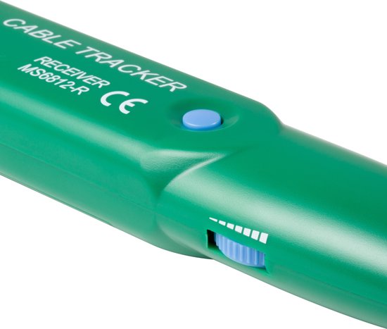 Groene kabelzoeker met blauwe knop en schuifregelaar met volume-indicatie.