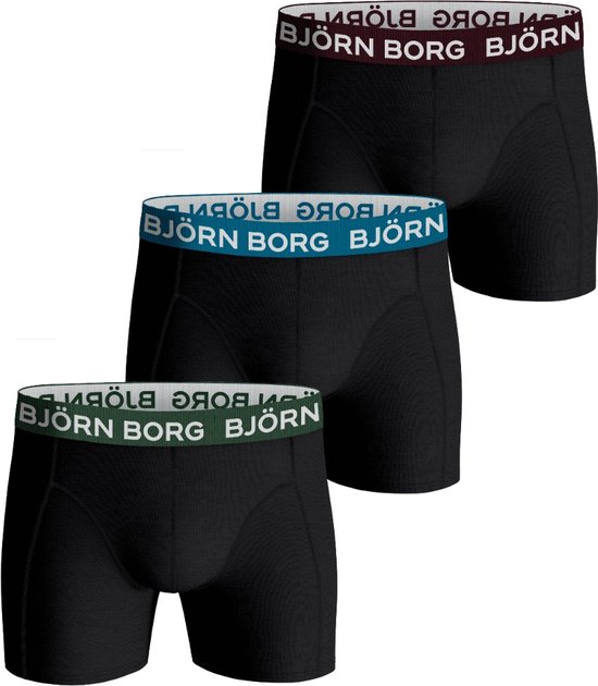 Björn Borg boxershorts Essential (3 pack) - Cotton Stretch boxers normale lengte - zwart met gekleurde tailleband - Maat: M