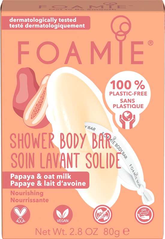 Doos met Foamie douchezeep 'Papaya & Oat Milk'. Dermatologisch getest. 100% plasticvrij.