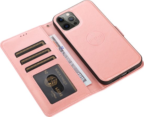 Perfeqt geschikt voor iPhone 14 Pro Max Uitneembare leer BookCase Hoesje - Rose Gold
