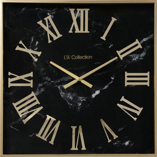 LW Collection horloge murale or noir 60cm - Horloge en verre marbré Chiffres romains - Horloge murale carrée en verre