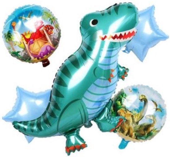 Grote Folie Ballonnen Set Dinosaurus 79 x 96 cm - 5 folieballonnen met lint en rietje - XL Dino versiering set - Feestpakket - Dino feestartikelen - Helium ballonnen - thema kinderfeestje Verjaardag versiering Happy Birthday party Cadeau Communie