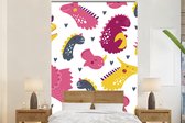 Behang babykamer - Fotobehang Dino - Patronen - Kind - Roze - Meisjes - Breedte 145 cm x hoogte 220 cm - Kinderbehang