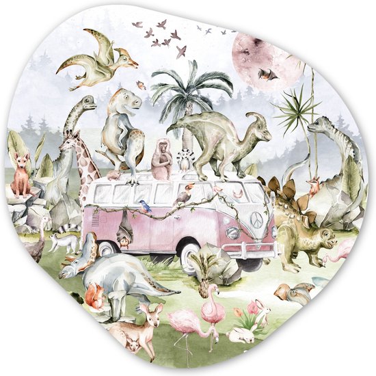 Organische Wanddecoratie - Kunststof Muurdecoratie- Organisch Schilderij - Dinosaurus - Kinderen - Bus - Bomen - Dieren - Kids- 90x90 cm - Organische spiegel vorm op kunststof