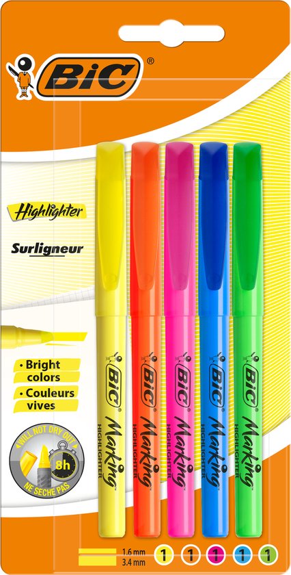 BIC Highlighter Markers Schuine Punt - Diverse Fluorescerende Kleuren - 5 Stuks