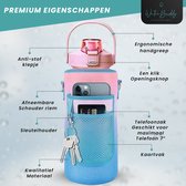 WaterBuddy Waterfles 2 liter - met rietje - Grote waterfles - Sportbidon - Twee liter waterfles - Sportfles - Fitness - Bottle 2 liter - Schenkfles - Roze blauw ombre - tijdmarkering - motivering