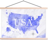 Posterhanger incl. Poster - Schoolplaat - Verenigde Staten - Blauw - Wereldkaart - 150x100 cm - Blanke latten