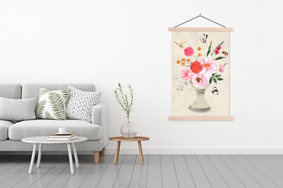 Posterhanger incl. Poster 120x180 cm - Schoolplaat - Stilleven - Waterverf - Insecten - Textielposter - Blanke latten