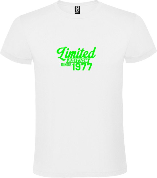 Wit T-Shirt met “Limited sinds 1977 “ Afbeelding Neon Groen Size XS