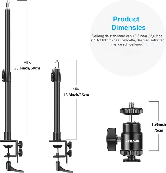 SMALLRIG Camera Tafelstandaard voor Bureaumontage met 1/4 Balhoofd, 13-35.4 (33-90 cm) Verstelbare Lichtstatief, Tafelblad C-klem voor Camera, Ringlicht, Live Streaming, Foto-video-opnamen - 3488