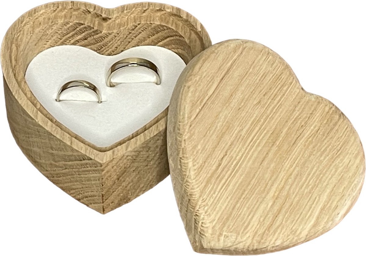 Ringendoosje huwelijk - hout - frans eikenhout - hartvormig - bruiloft - ringendoosje met deksel - witte insert