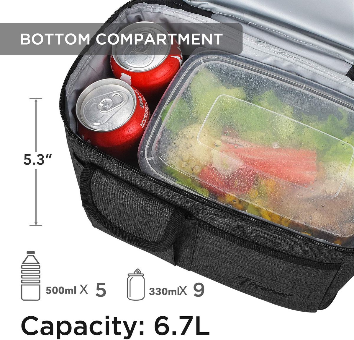 Kato Tirrinia Koeltas, klein, 10 l, opvouwbare kleine koeltas, koelbox voor school, werk, mini-geïsoleerde lunchtas met vakken, draagbare picknicktas voor reizen, strand, camping, zwart/grijs