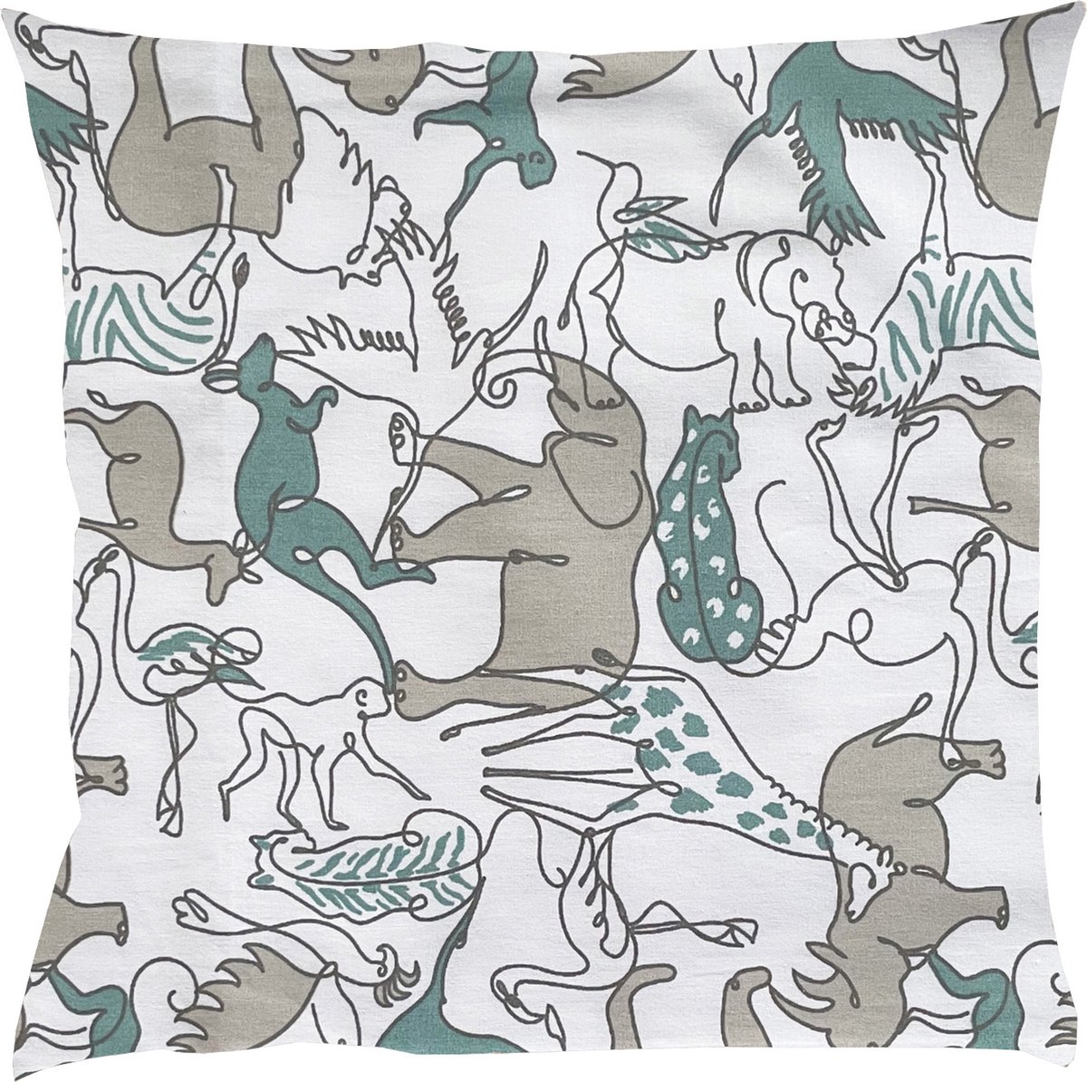 BINK Bedding Sierkussen Safari 50 x 50 incl. vulling - dierenprint - lijntekening - grijs - groen - wit - zwart - olifant - tijger - leeuw - panter - aap - zebra - neushoorn - kangaroo - flamingo - jungle