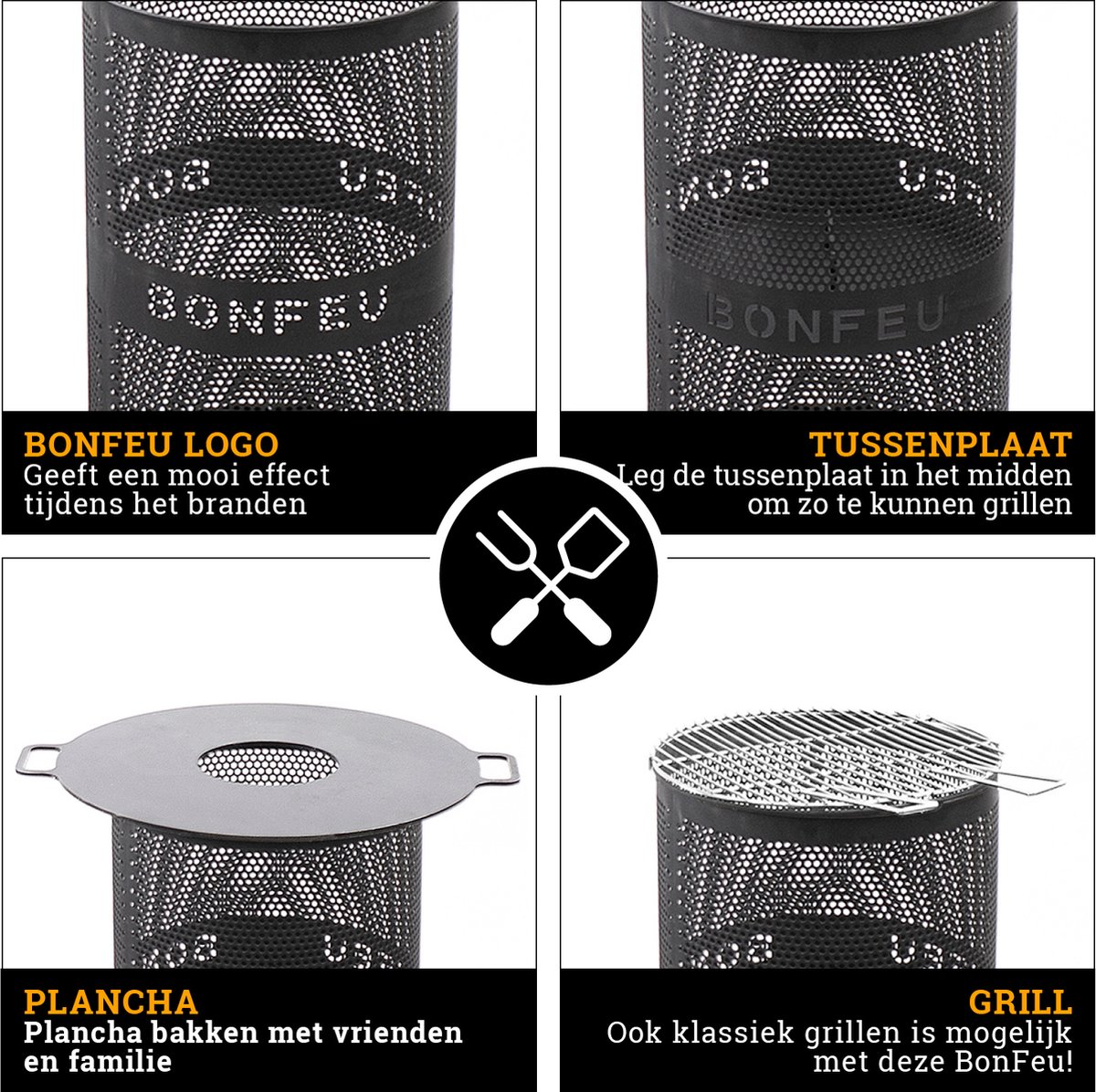 BonFeu BonVes Fire Basket 34 cm - With Grill Grate and Poker - Black