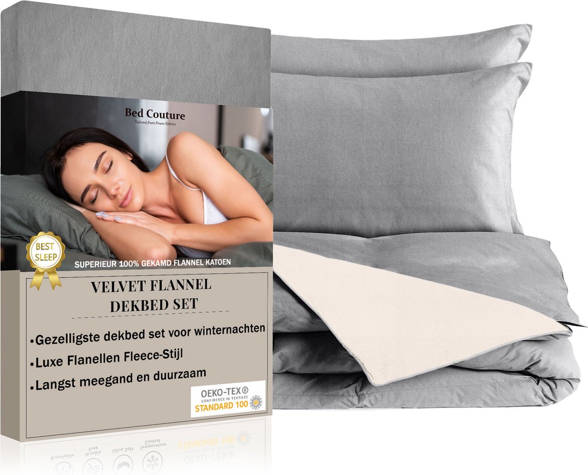 Bed Couture - Velvet Flanel Dekbedovertrek set - 100% Katoen Extra zacht en Warm - 240x220 + 2 kussenslopen 50x70 - Crème/Taupe