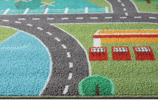 the carpet Vloerkleed Happy Life Kinderkamer, kindertapijt, speeltapijt, wasbaar, straattapijt, straat, stad, auto, groen, 140 x 200 cm van The Carpet — afbeelding 3
