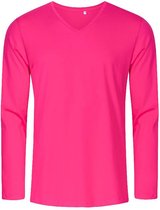 Helder roze t-shirt lange mouwen en V-hals, slim fit merk Promodoro maat L