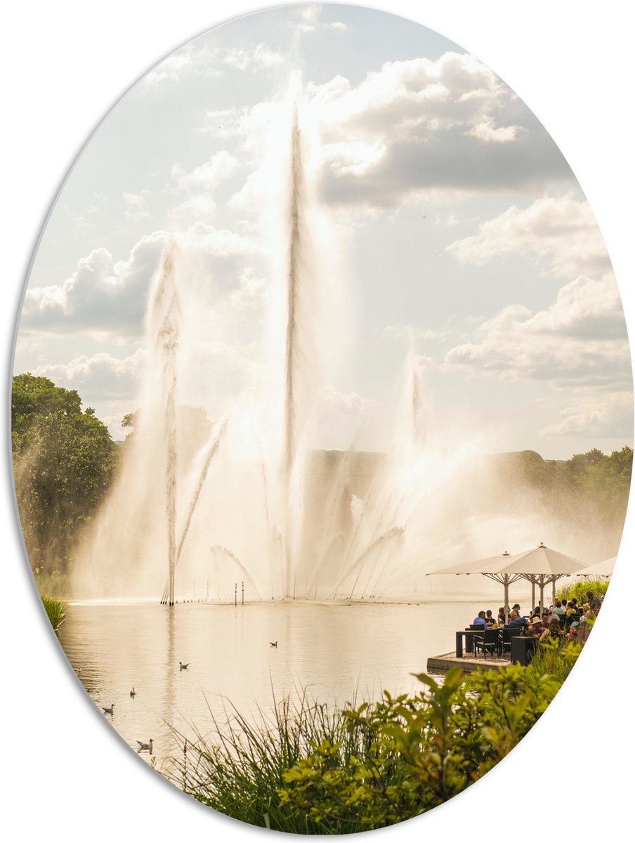 PVC Schuimplaat Ovaal - Waterfontein in een Meer - 72x96 cm Foto op Ovaal (Met Ophangsyste