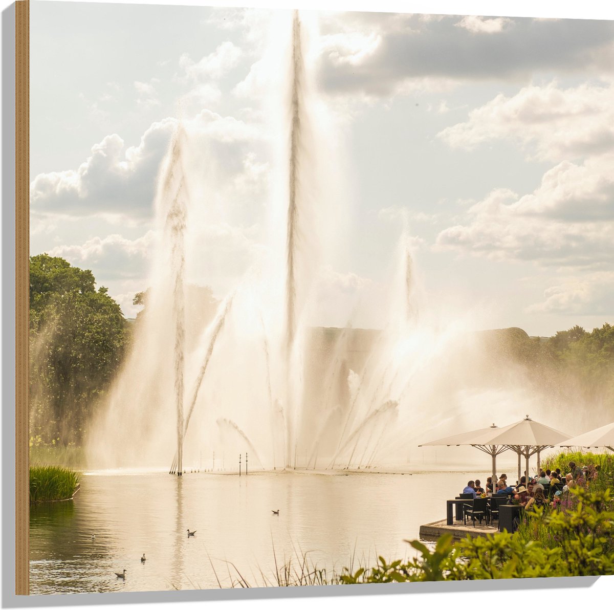 Hout - Waterfontein in een Meer - 80x80 cm - 9 mm dik - Foto op Hout (Met Ophangsysteem)