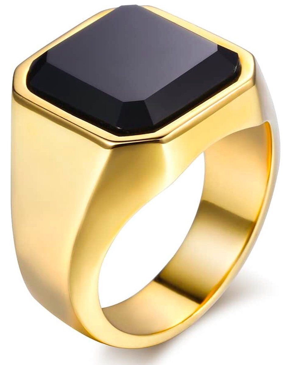 Zegelring Heren Goud kleurig met Zwarte Steen - Staal - Ring Ringen Mannen - Cadeau voor Man - Mannen Cadeautjes - TrendFox