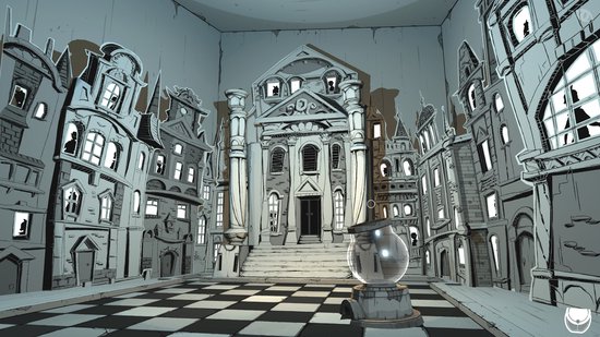 Een surrealistisch stadje op schaal met een grote glazen bol in het midden.