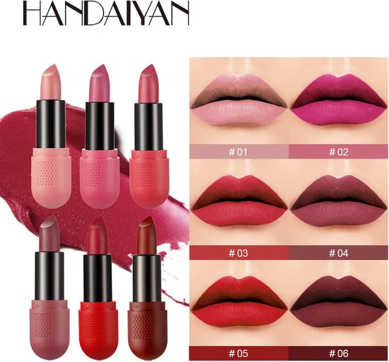 Set van 6 matte lipsticks in tinten roze, rood en bruin. Close-ups van lippen in zes kleuren.