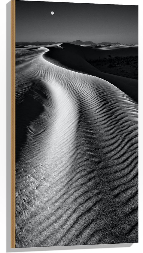 Hout - Maan boven Zandheuvels (Zwart- wit) - 50x100 cm - 9 mm dik - Foto op Hout (Met Ophangsysteem)