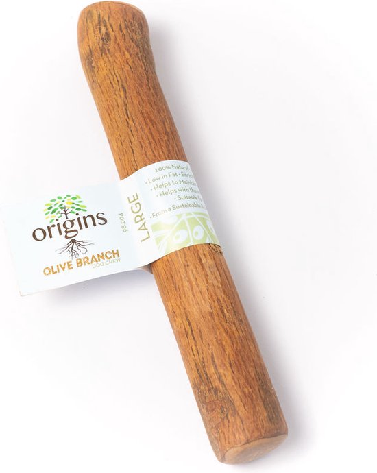 Large, 100% natuurlijke olijfhouten kauwstick, bruin van kleur, met een label van Origins.