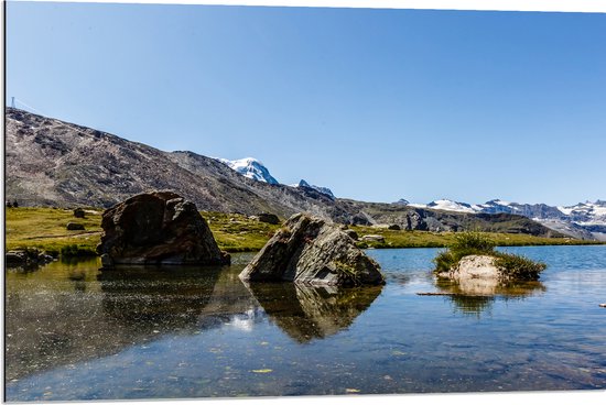 Dibond - Rotsen in Bevroren Water in Landschap - 90x60 cm Foto op Aluminium (Wanddecoratie van metaal)