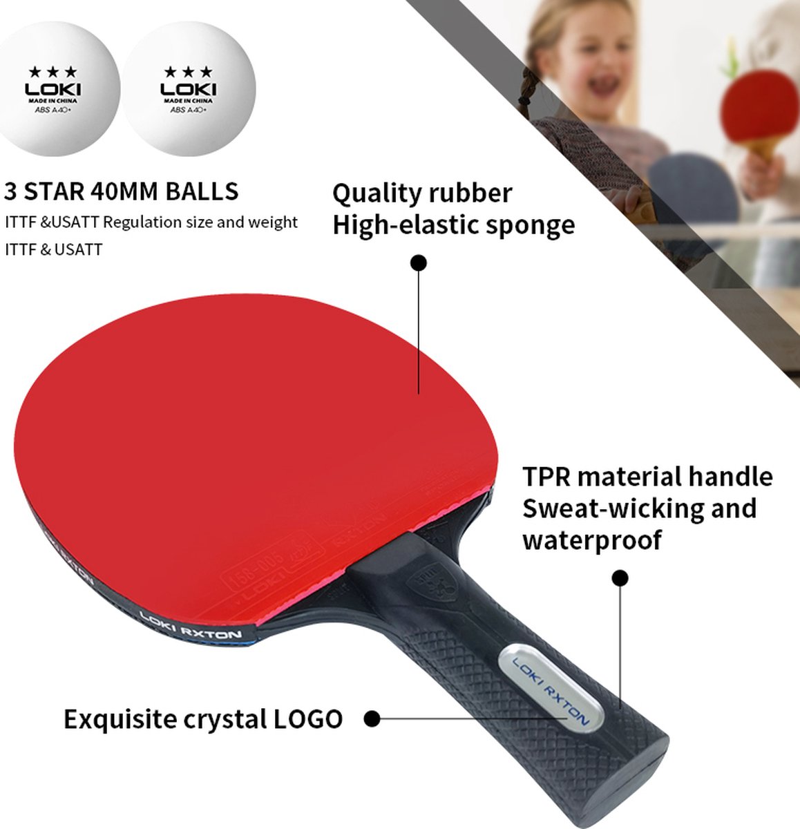 Loki - Professionele tafeltennis set - 2 Tafeltennisbatjes - 3 Balletjes - Pingpong net - Opberghoes met rits — afbeelding 5